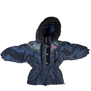 Vintage Girls Winter Snow Jacket Floral Hooded Parka 80s Navy Blue 3T